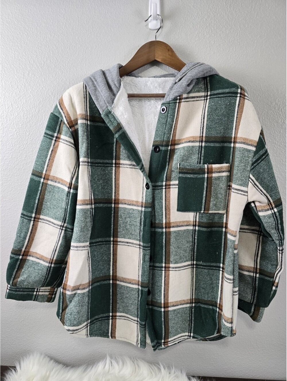 Womens Green Flannel Lined Button Up Jacket With Hood Size L